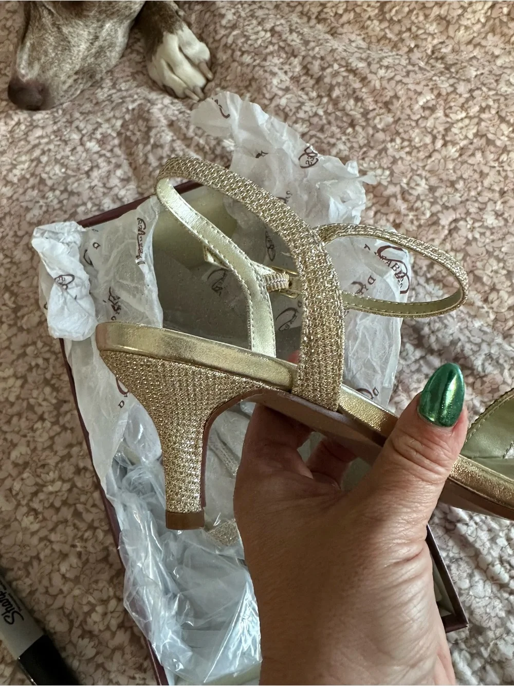 Gold Crystal Strap Dress Heels Dyeables brand size 8 New in Box